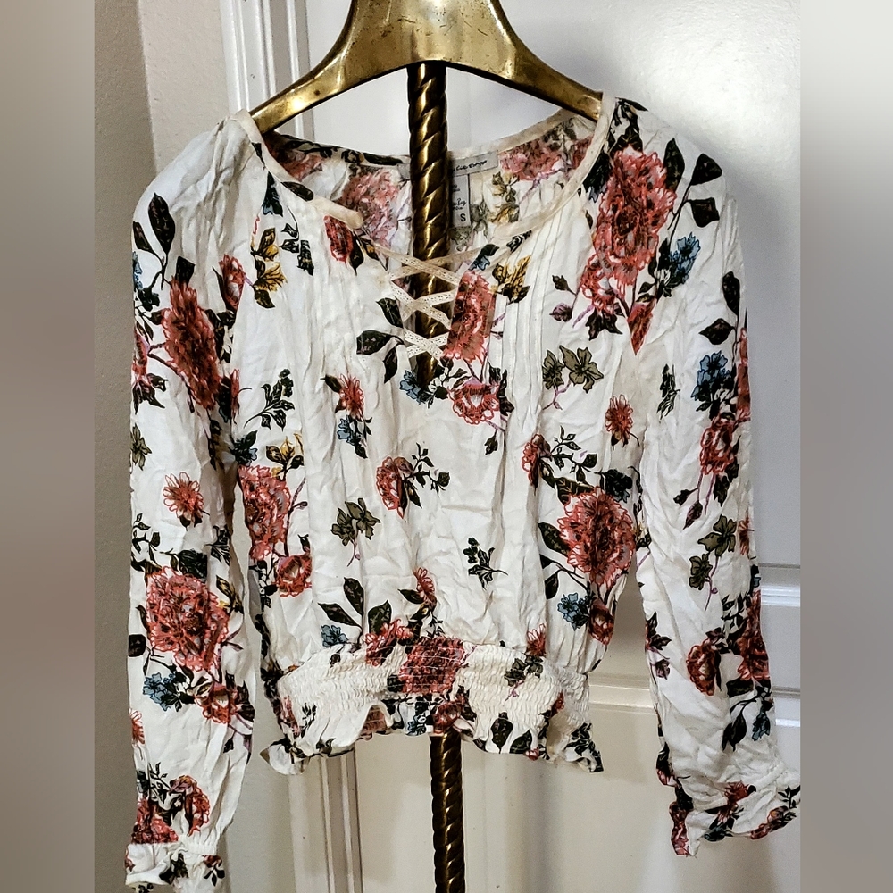 American Rag Cie Front Tie Up Floral Long Sleeve Blouse Shirt Ruffled Waist   S